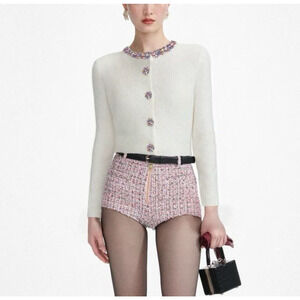 Self Portrait Cream Embellished Trim Cardigan M